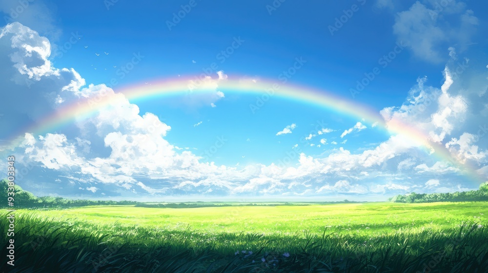 A serene landscape featuring a rainbow spanning across a vast, green field under a bright, blue sky A serene landscape featuring a rainbow spanning across a vast, green field under a bright, blue sky