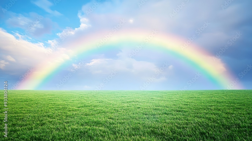 A vivid rainbow arcing above a sprawling green field, with a soft blue sky, representing natural beauty A vivid rainbow arcing above a sprawling green field, with a soft blue sky, representing natural beauty