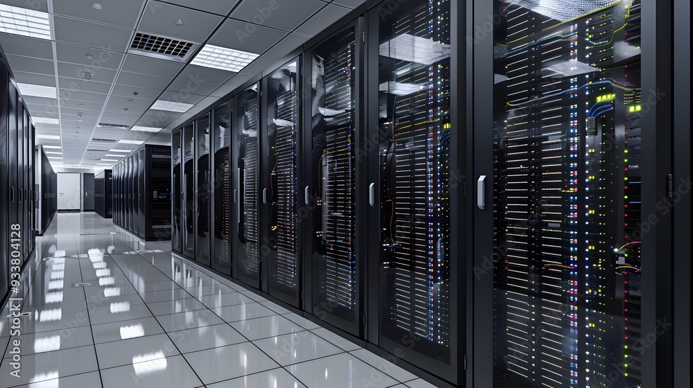 Naklejka premium Connection network in servers data center room storage systems 3D rendering. 