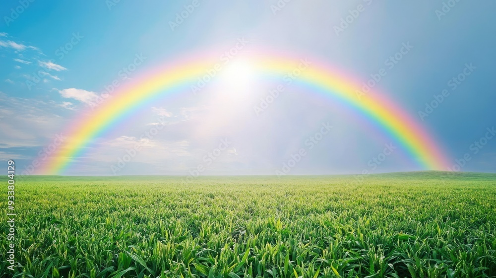 A vivid rainbow arcing above a sprawling green field, with a soft blue sky, representing natural beauty A vivid rainbow arcing above a sprawling green field, with a soft blue sky, representing natural beauty
