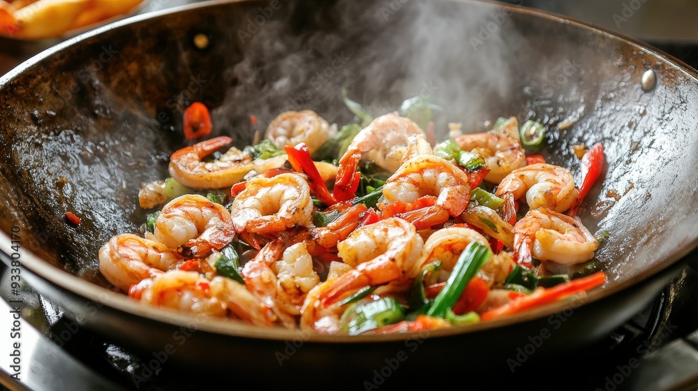 A wok filled with stir-fried shrimp and vegetables, steaming hot and bursting with color. A wok filled with stir-fried shrimp and vegetables, steaming hot and bursting with color.