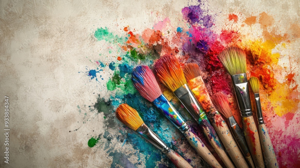 Fototapeta premium An explosion of colors from paintbrushes, with splashes of paint on a neutral background, representing artistic expression