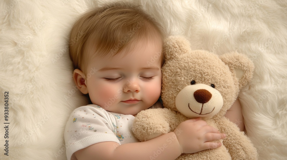 A peaceful newborn sleeps soundly beside a teddy bear on a soft white fur rug, capturing a tender moment in their early days of life A peaceful newborn sleeps soundly beside a teddy bear on a soft white fur rug, capturing a tender moment in their early days of life