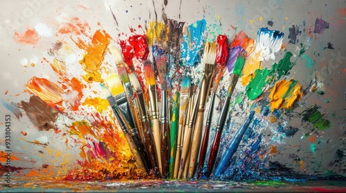 An explosion of colors from paintbrushes, with splashes of paint on a neutral background, representing artistic expression