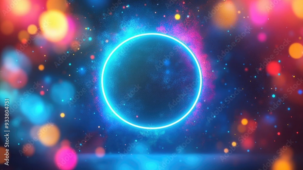 Naklejka premium Central neon blue circle, illuminating an array of vibrant colors in a modern, abstract background.