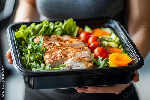 Healthy meal preparation featuring grilled chicken, fresh vegetables, and vibrant colors served in a black takeout container photo