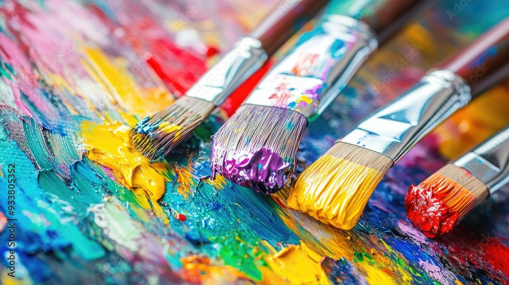 Fototapeta premium Close-up of paintbrushes dipped in various vivid colors, with paint splatters around, showing creativity in action