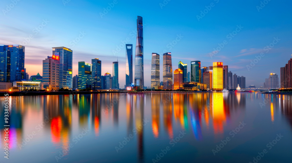 Fototapeta premium Shanghai Skyline at Dusk with Reflection