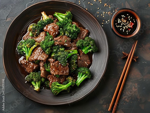 Beef with Broccoli. The most popular Chinese dishes. A popular stir-fry dish featuring tender beef slices and broccoli in a savory sauce.