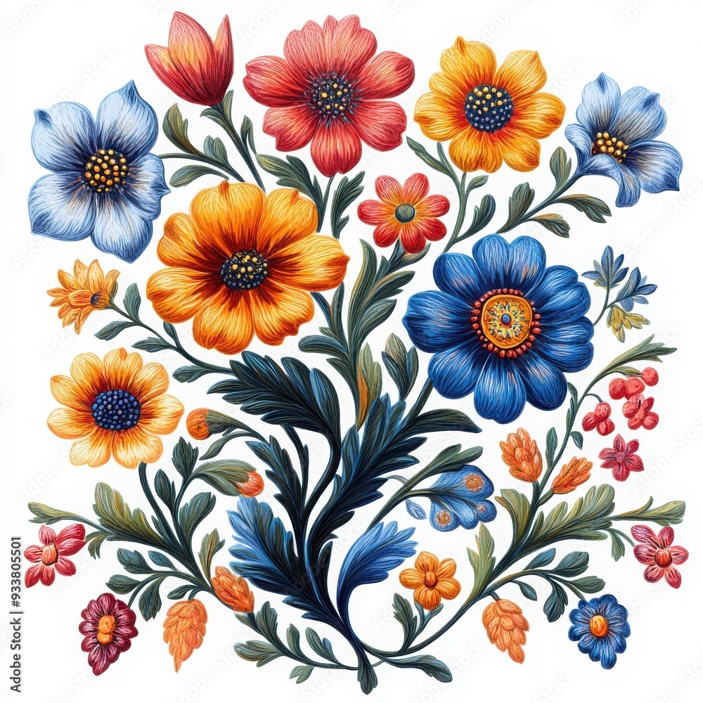 Hand-drawn botanical flowers with folk art patterns, rich colors, and traditional motifs, [flower clipart], [botanical], [folk]