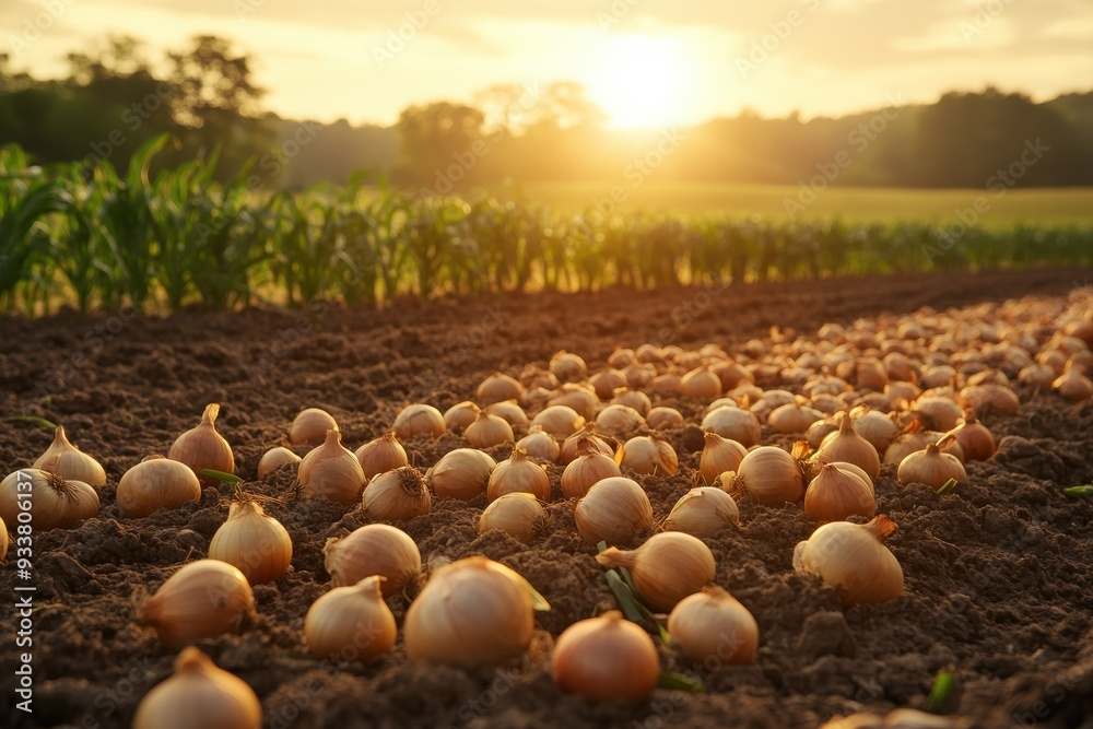 Fototapeta premium A field of freshly harvested onions lies on the soil, with a beautiful sunset in the background, showcasing a peaceful rural landscape