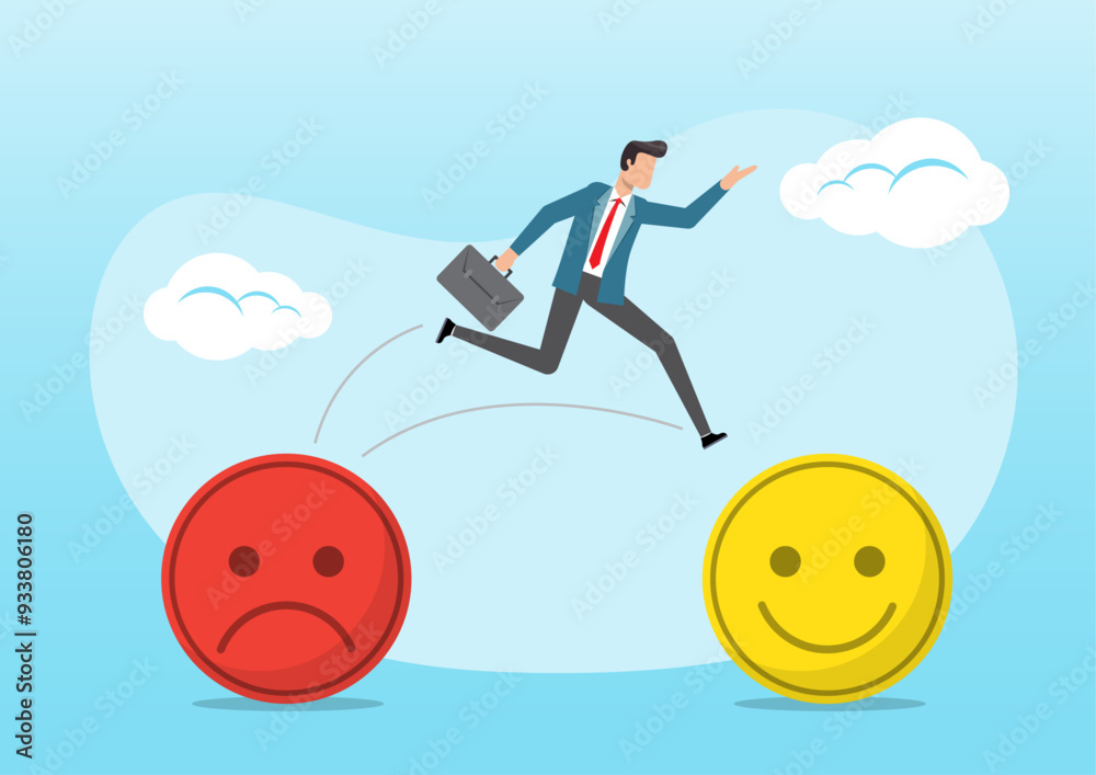 Businessman change their attitude from negative to positive emojis Businessman change their attitude from negative to positive emojis