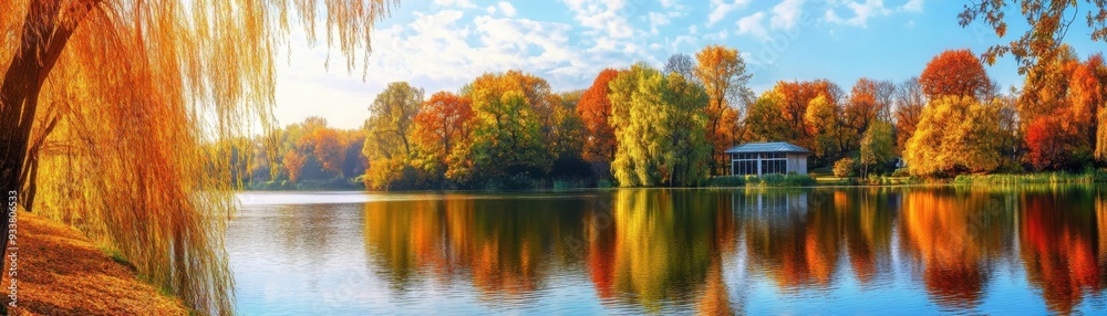 Beautiful autumn scenery with trees, a lake, and a pavilion under a clear blue sky. Beautiful autumn scenery with trees, a lake, and a pavilion under a clear blue sky.