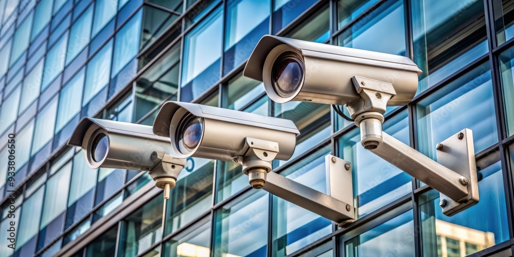 Three security cameras mounted on the front of a glass building , surveillance, protection, security, technology, monitoring Three security cameras mounted on the front of a glass building , surveillance, protection, security, technology, monitoring