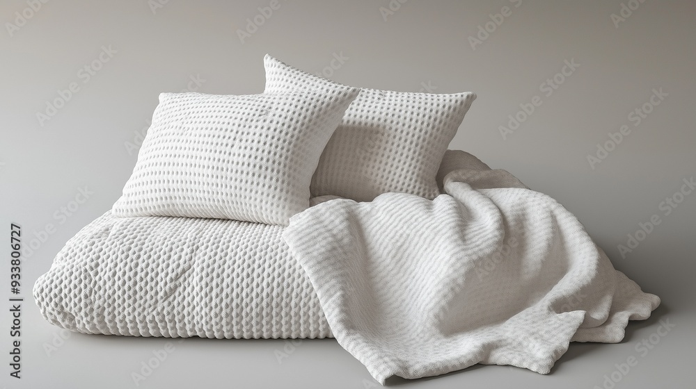 White blanket and pillow and bedding on a gray White blanket and pillow and bedding on a gray