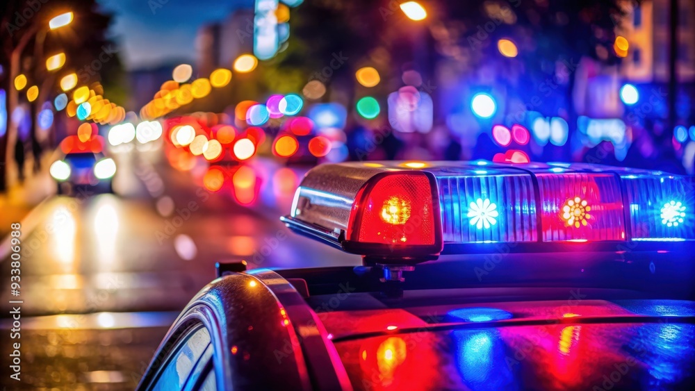 Detail of police red and blue lights reflecting on evening street at night , police, red and blue lights, evening Detail of police red and blue lights reflecting on evening street at night , police, red and blue lights, evening