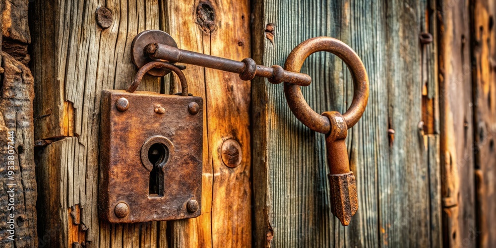 A rusty old house key hangs securely from a worn wooden door, attached by a sturdy padlock, evoking a sense of nostalgia and forgotten memories. A rusty old house key hangs securely from a worn wooden door, attached by a sturdy padlock, evoking a sense of nostalgia and forgotten memories.