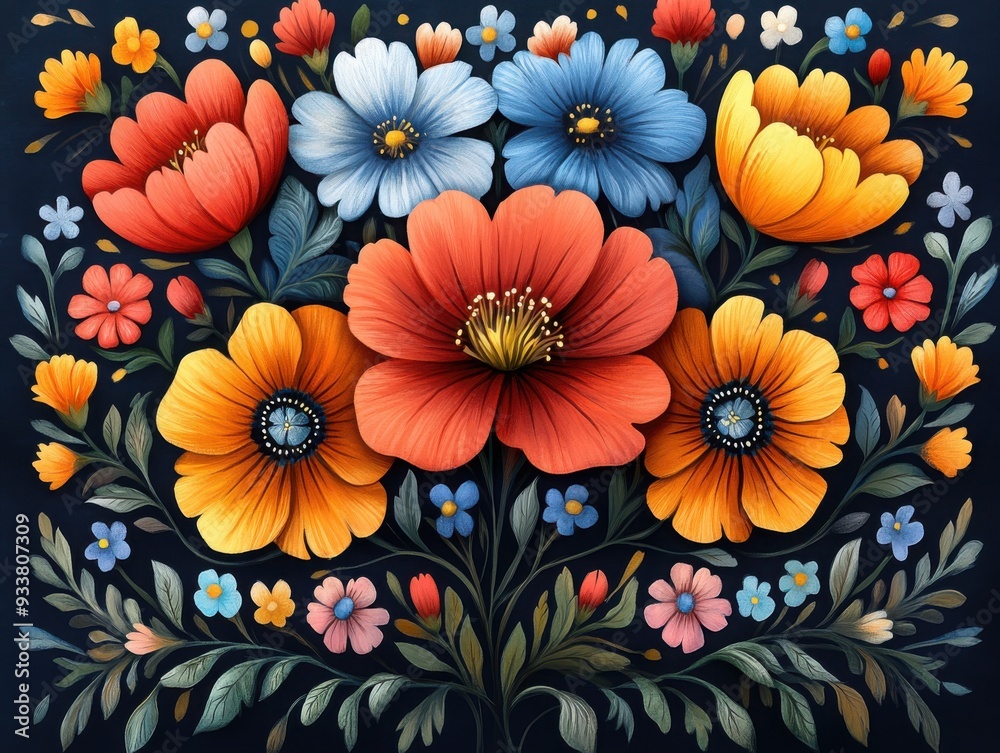 Stylized folk floral pattern with botanical accuracy, vibrant and detailed, [flower clipart], [botanical], [folk]