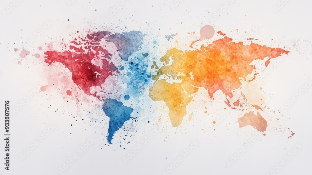 Fototapeta premium Bright and colorful watercolor world map illustrating global diversity and creativity, perfect for travel and education themes.