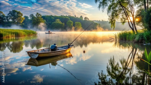 A serene dawn scene of a small wooden boat drifting on a misty lake, surrounded by lush greenery, with fishing gear and a largemouth bass onboard. photo