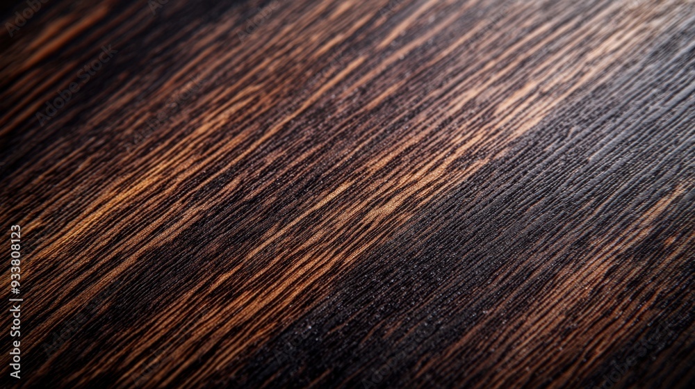 Fototapeta premium A close-up of wenge wood texture, showcasing its rich grain and dark, luxurious finish, ideal for furniture and interior design concepts.