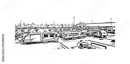 Building view with landmark of Steinbach is the third largest city in Canada. Hand drawn sketch illustration in vector. 