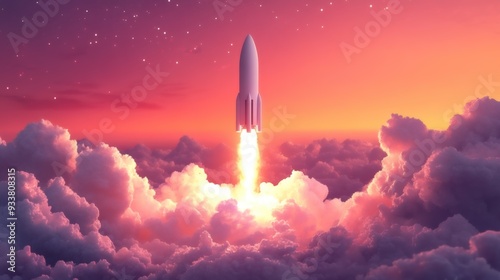 A rocket launches into a vibrant sunset sky, surrounded by fluffy clouds and a stunning array of colors, symbolizing exploration and the adventure of space travel