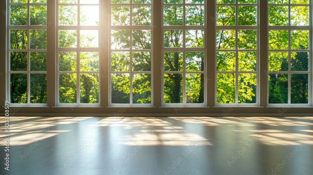 Bright and airy empty room with large windows, offering ample copy space on the walls and floor for text or design additions