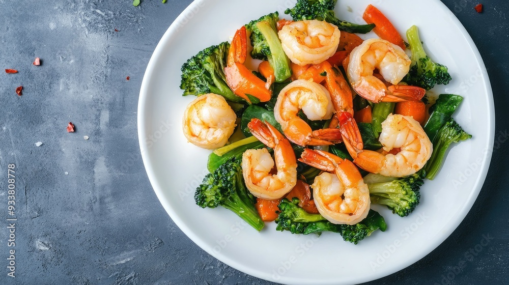 Stir-fried shrimp with crunchy vegetables, beautifully arranged on a white plate, ready to be served. Stir-fried shrimp with crunchy vegetables, beautifully arranged on a white plate, ready to be served.