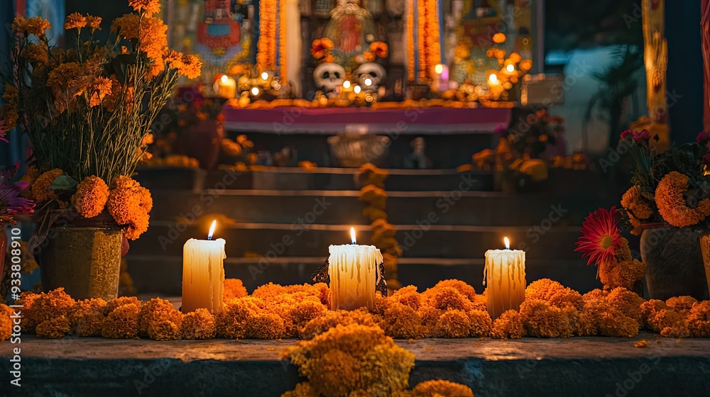 Traditional Day of the Dead celebration with an altar, decorated with marigolds, candles, and offerings. Traditional Day of the Dead celebration with an altar, decorated with marigolds, candles, and offerings.