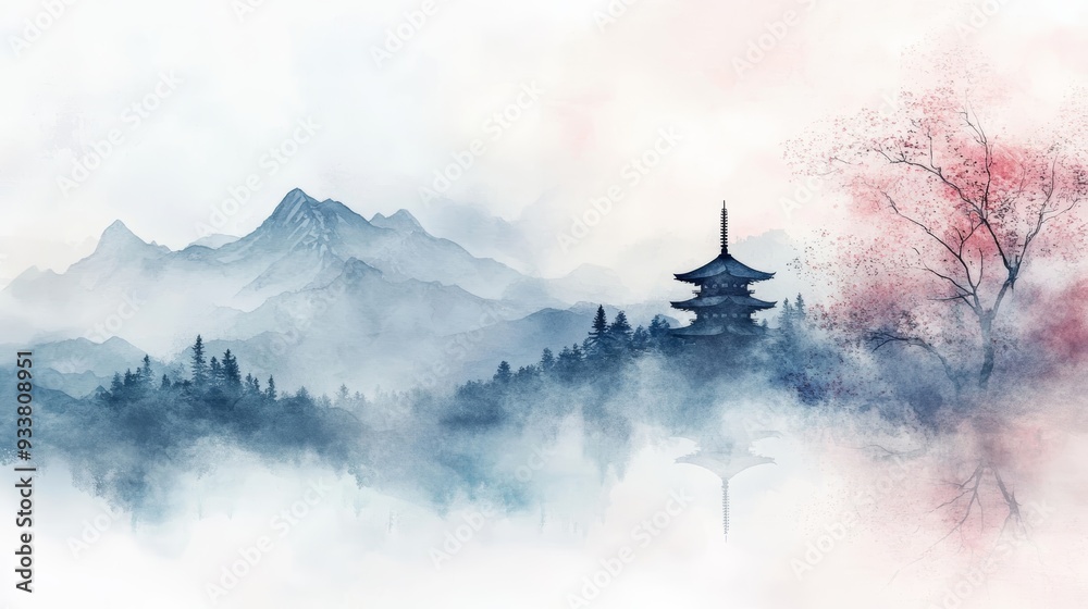 A serene watercolor landscape featuring mountains, a pagoda, and delicate trees shrouded in mist, evoking tranquility and beauty. A serene watercolor landscape featuring mountains, a pagoda, and delicate trees shrouded in mist, evoking tranquility and beauty.