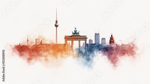 Stunning watercolor depiction of Berlin's iconic skyline featuring landmarks like the Brandenburg Gate and TV Tower.