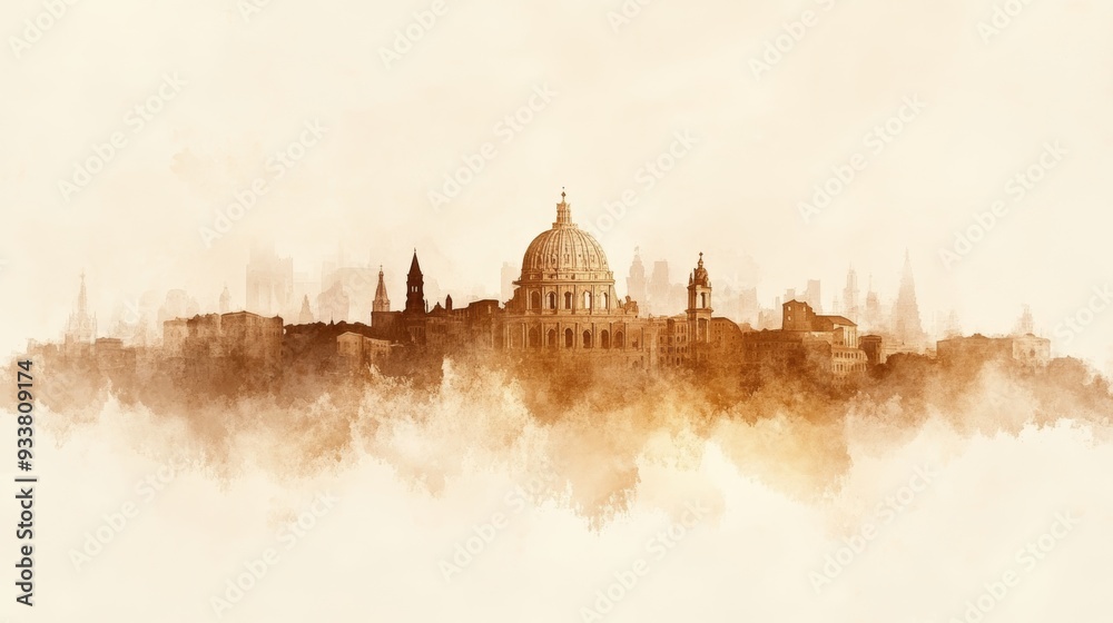 Obraz premium A beautiful watercolor illustration of a historic city skyline blending soft hues, perfect for design projects or wall art.