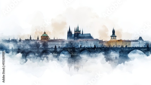 A serene watercolor depiction of a historic city skyline, showcasing charming architecture and a tranquil ambiance. photo