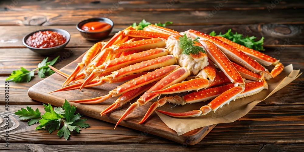 Delicious snow crab leg clusters on wooden table, seafood, gourmet, fresh, food, meal, delicacy, shellfish, tasty Delicious snow crab leg clusters on wooden table, seafood, gourmet, fresh, food, meal, delicacy, shellfish, tasty