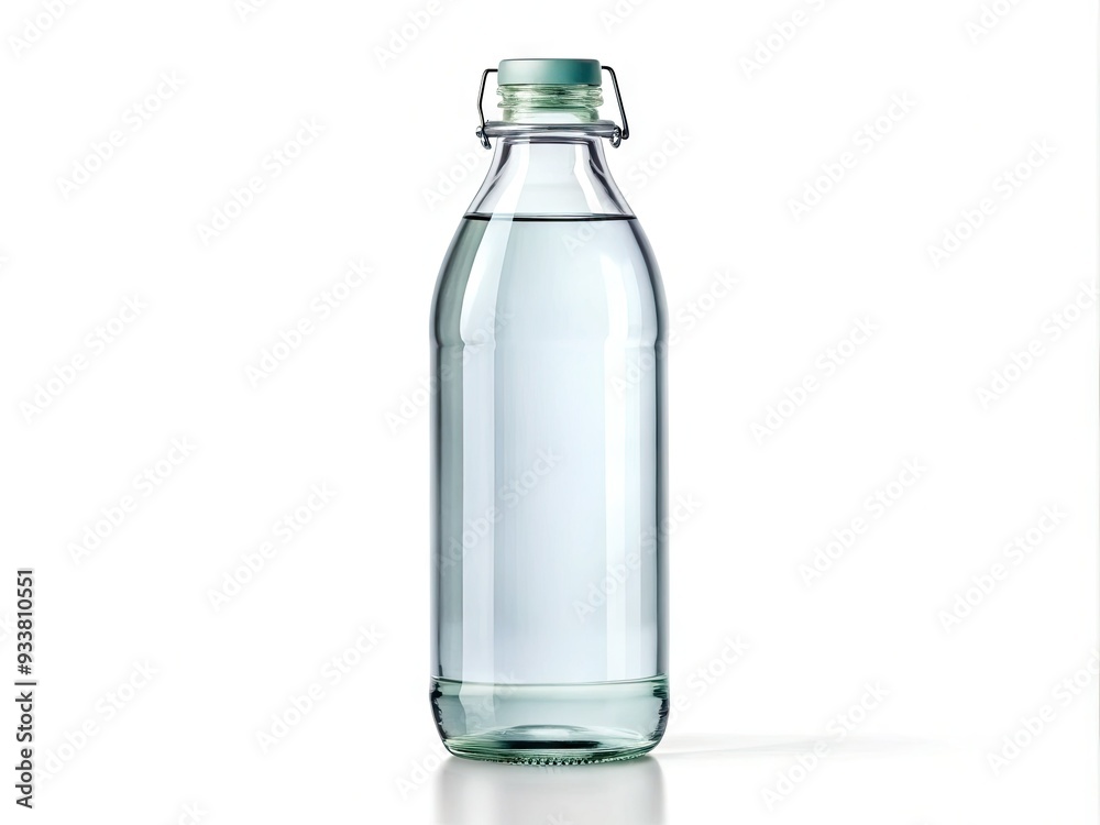 Transparent clear glass water bottle with empty blank label and screw-top lid, isolated on white background, perfect for product branding and labeling design. Transparent clear glass water bottle with empty blank label and screw-top lid, isolated on white background, perfect for product branding and labeling design.