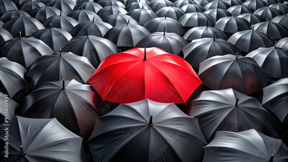 Red umbrella standing out among black umbrellas in a crowd , unique, standout, contrast, individuality, standout Red umbrella standing out among black umbrellas in a crowd , unique, standout, contrast, individuality, standout