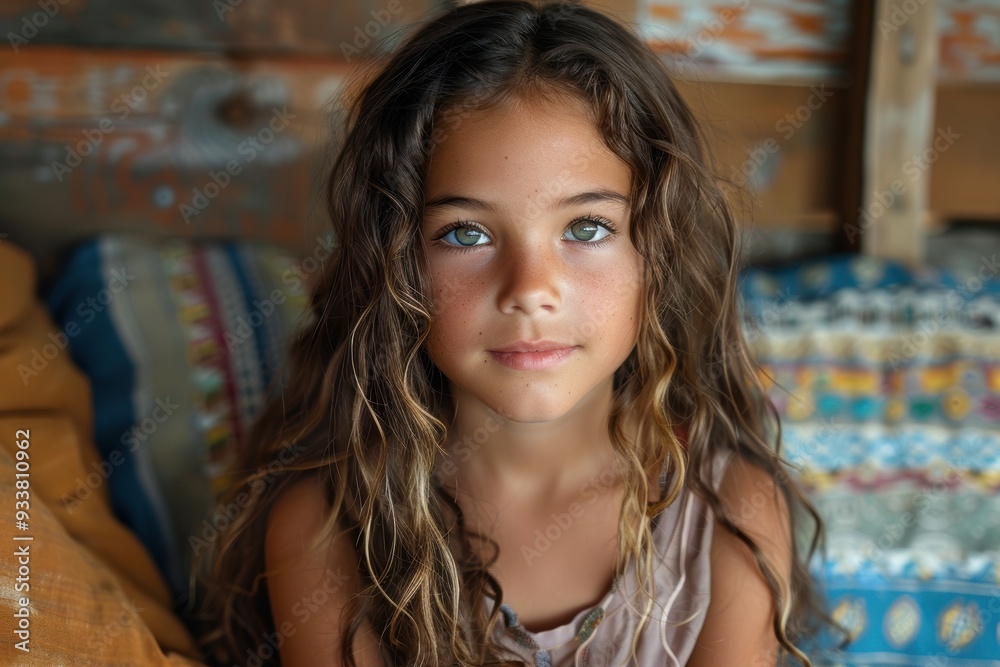 A captivating portrait of a young girl with long curly hair and striking eyes, seated indoors against a rustic, textured background of colorful fabrics A captivating portrait of a young girl with long curly hair and striking eyes, seated indoors against a rustic, textured background of colorful fabrics