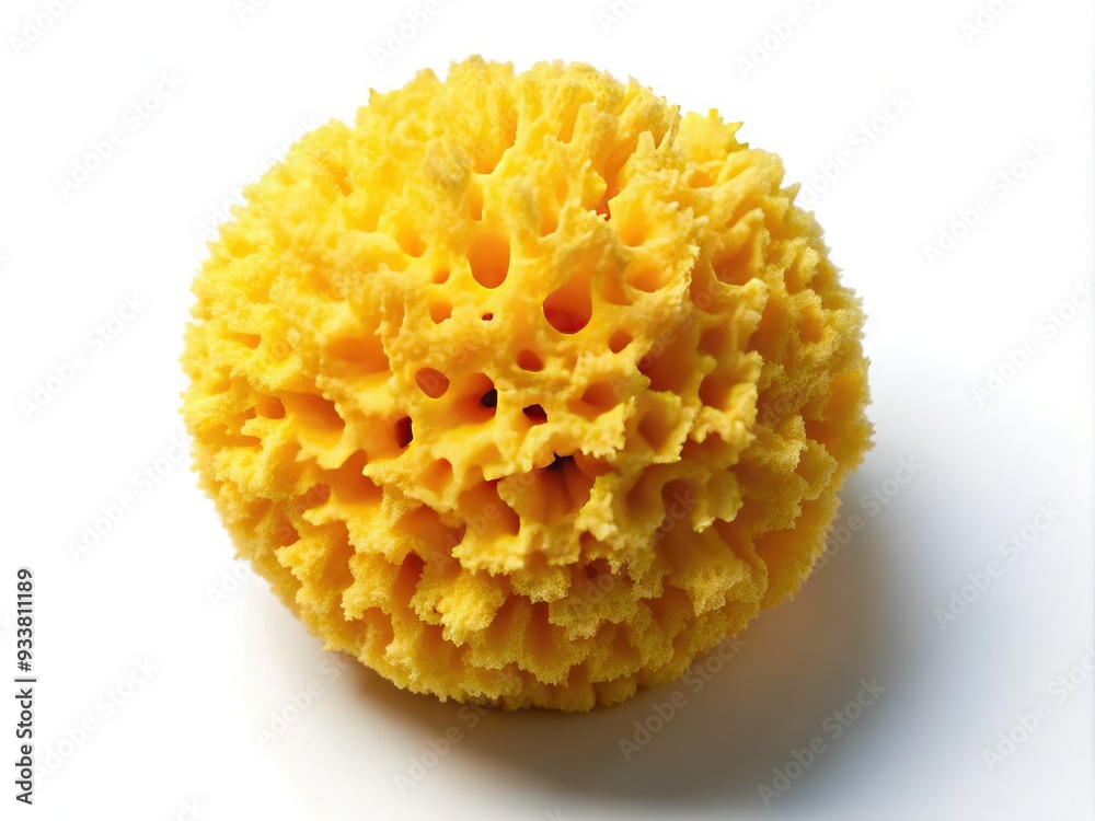 A single bright yellow sea sponge rests alone on a clean white background, viewed from directly above, with subtle texture and shadows visible. A single bright yellow sea sponge rests alone on a clean white background, viewed from directly above, with subtle texture and shadows visible.