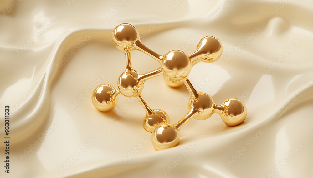 ceramide molecular structure symbol, in polished gold, sitting in shallow white cream, representing collagen, retinol, or ceramide used in skin care cosmetic products
