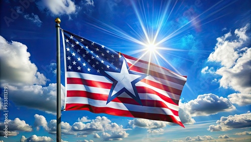 A single, shining star on a waving American flag stands out against a bright blue sky, symbolizing freedom, hope, and American pride. photo