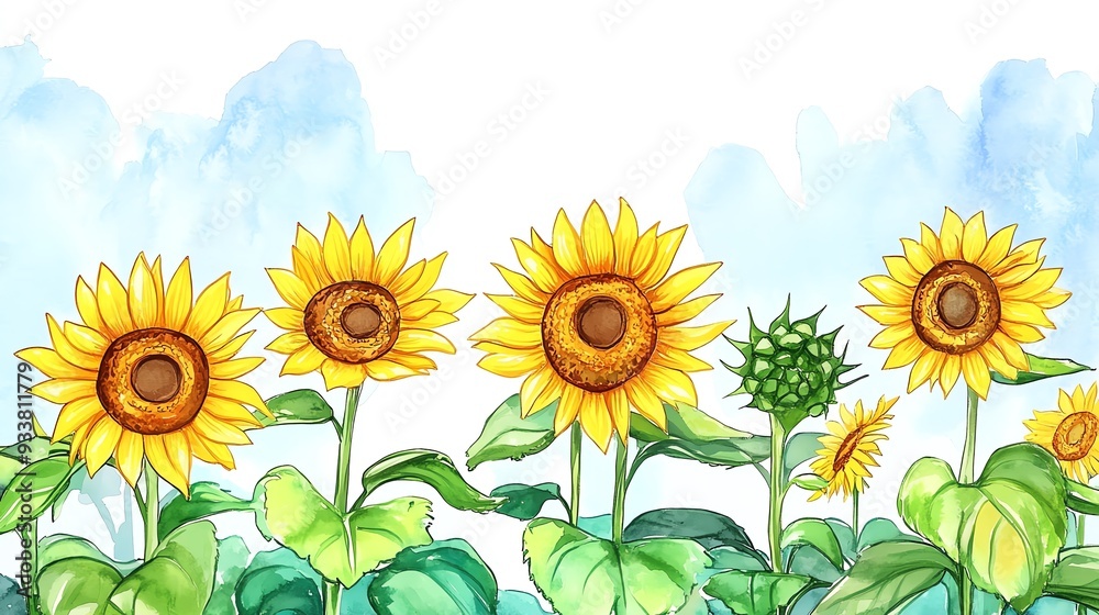 Obraz premium Cartoon sunflowers in a vibrant watercolor festival