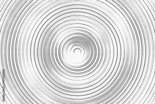 Radial halftone gradient background. Dotted concentric texture with fading effect. Black and white circle shade wallpaper. Grunge rough vector. Monochrome backdrop	