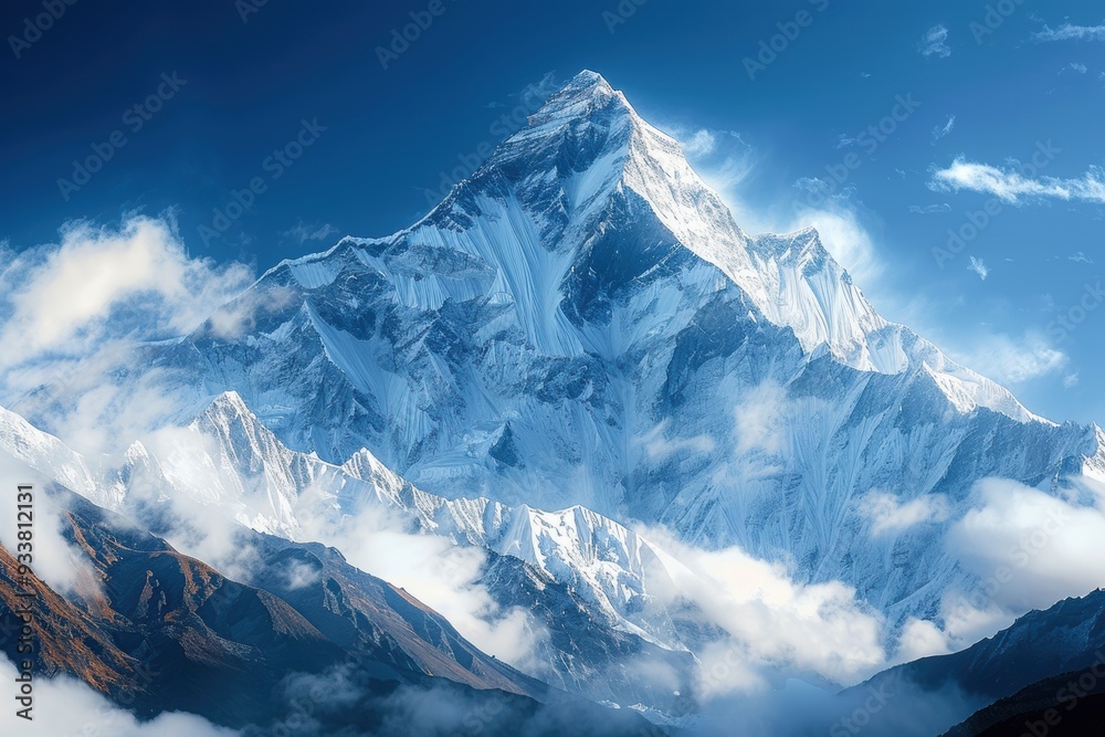 A breathtaking view of a majestic snow-covered mountain peak surrounded by misty clouds under a clear blue sky with rocky terrains in the foreground A breathtaking view of a majestic snow-covered mountain peak surrounded by misty clouds under a clear blue sky with rocky terrains in the foreground