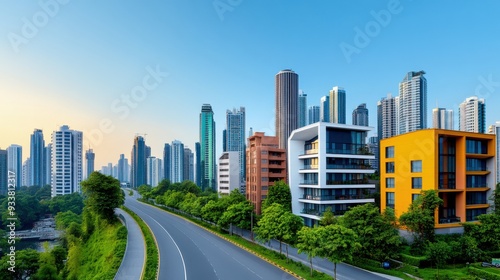 Modern City Skyline with Empty Road
