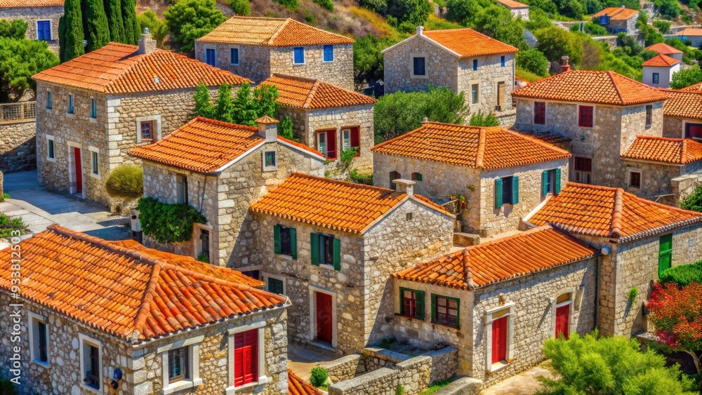 Traditional stone houses with red tiled roofs in Gaios village, Paxi island, Greece, traditional, architecture Traditional stone houses with red tiled roofs in Gaios village, Paxi island, Greece, traditional, architecture