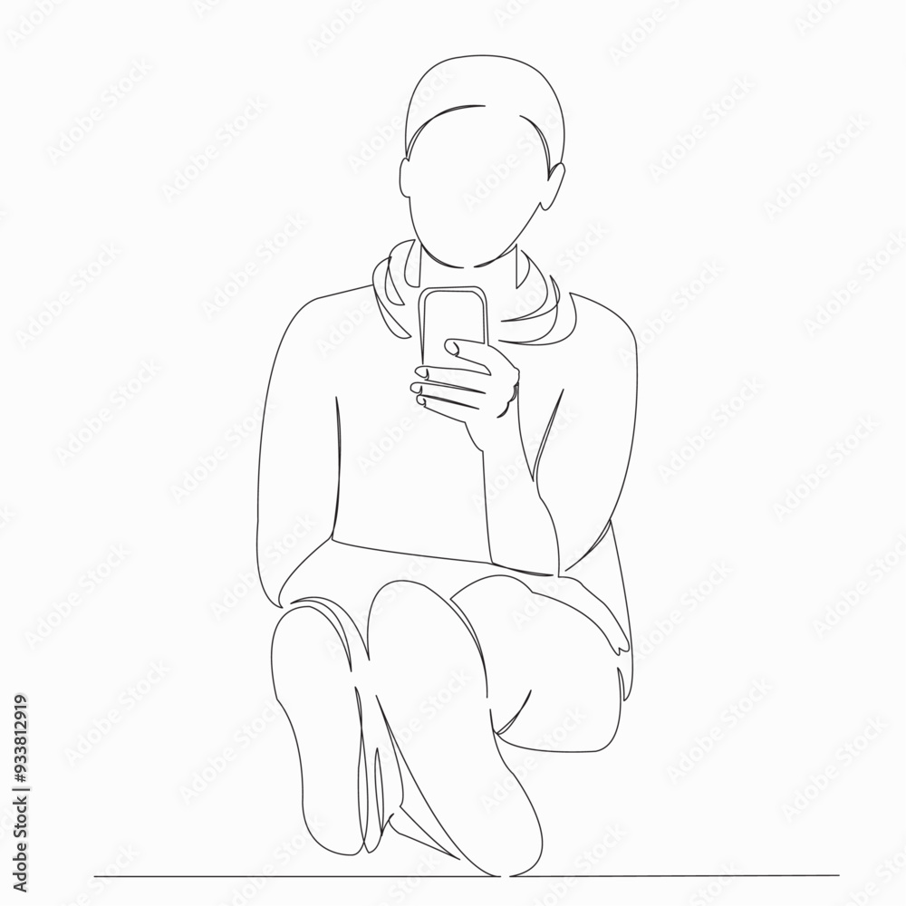 One continuous single drawn line art doodle cellphone, phone, boy, mobile, happy. isolated image hand-drawn contour on a white background One continuous single drawn line art doodle cellphone, phone, boy, mobile, happy. isolated image hand-drawn contour on a white background