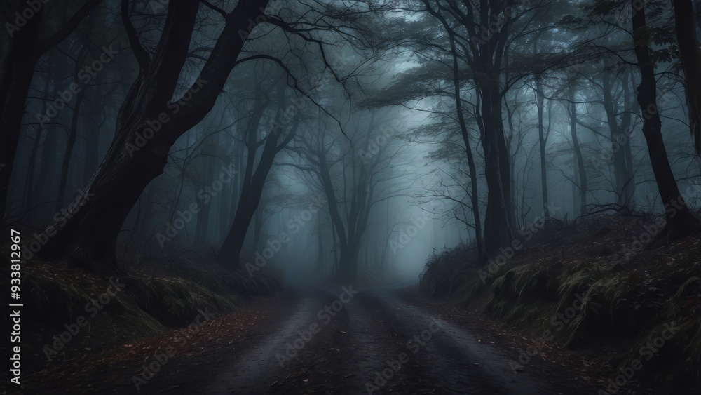 Obraz premium A Foggy Forest Path Leading into the Unknown