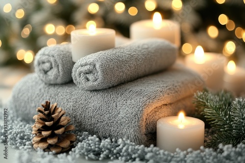 Grey Towels, Candles, and Pine Cones in a Snowy Setting