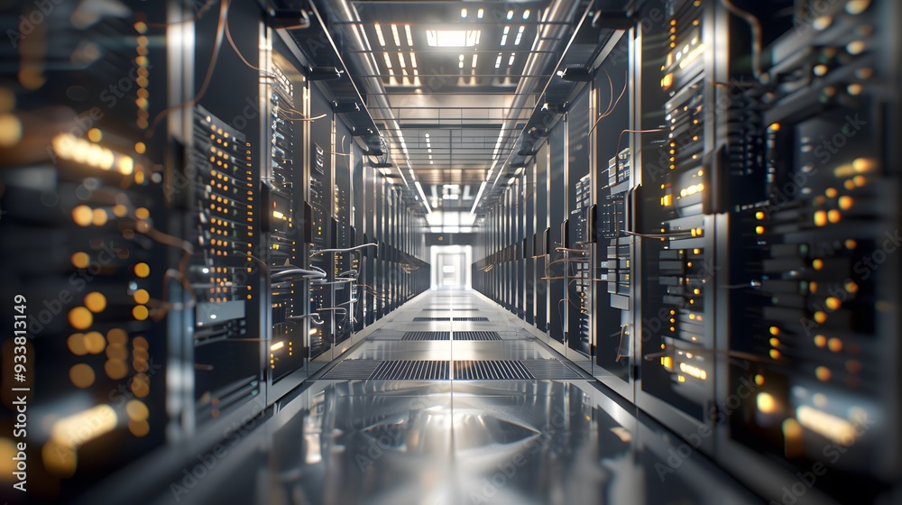 Connection network in servers data center room storage systems 3D rendering. Connection network in servers data center room storage systems 3D rendering.